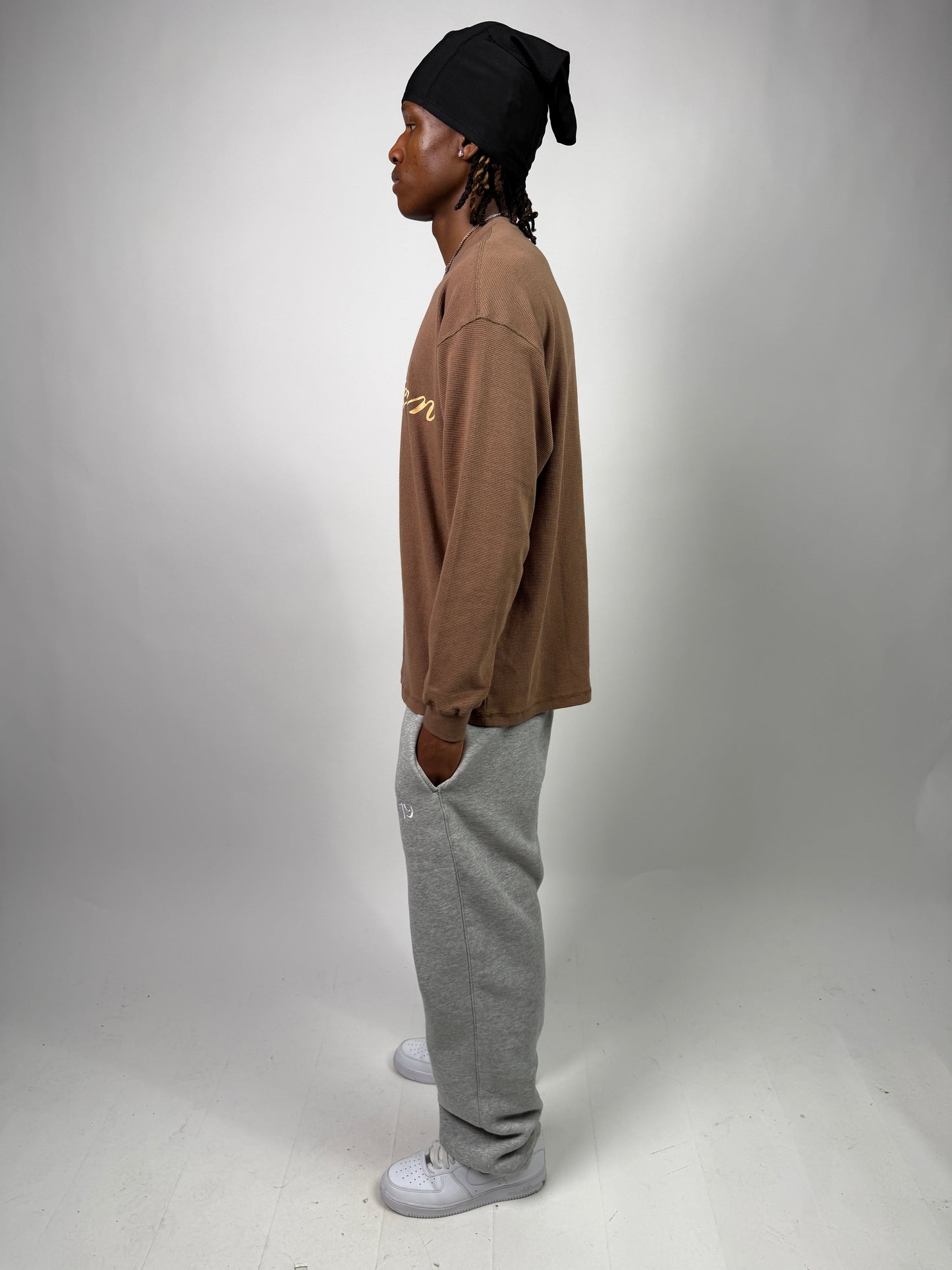 "Nineteen" Cursive Brown Thermal Longsleeve