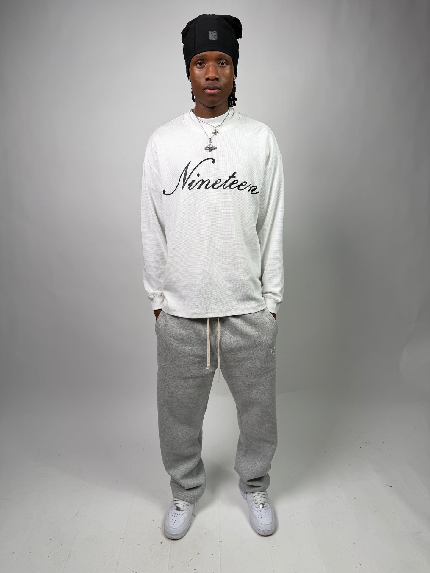 "Nineteen" Cursive White Thermal Longsleeve