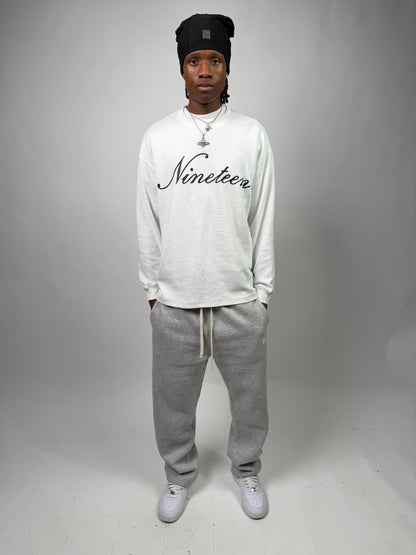 "Nineteen" Cursive White Thermal Longsleeve
