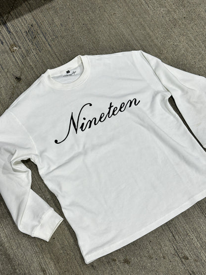 "Nineteen" Cursive White Thermal Longsleeve