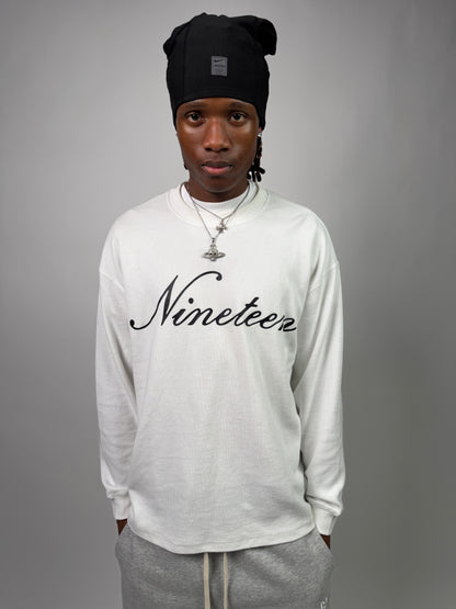 "Nineteen" Cursive White Thermal Longsleeve