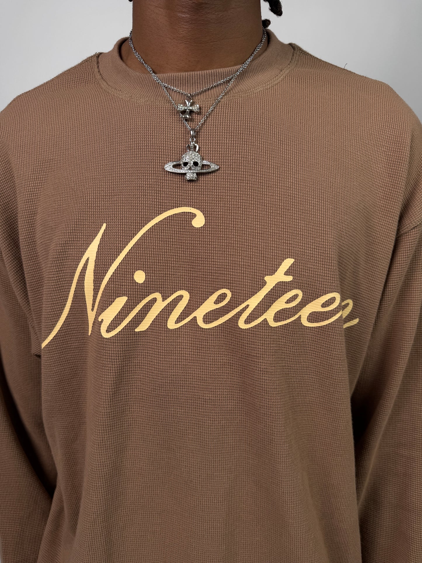 "Nineteen" Cursive Brown Thermal Longsleeve