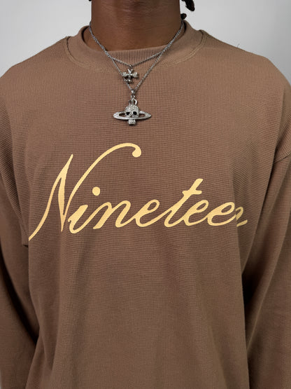 "Nineteen" Cursive Brown Thermal Longsleeve