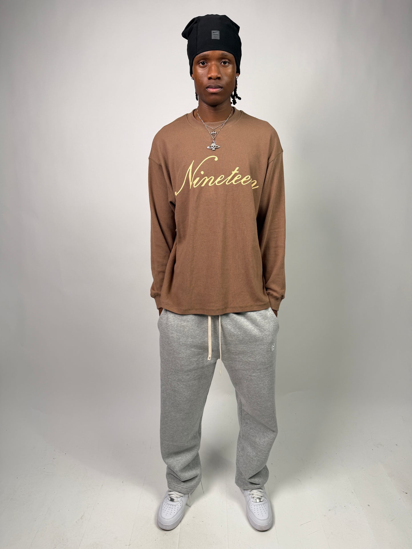 "Nineteen" Cursive Brown Thermal Longsleeve